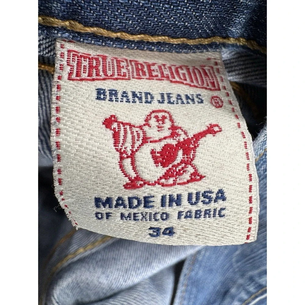 VTG True Religion Straight Jean Mens 34 (36x32) Blue Distressed Workwear USA Y2K